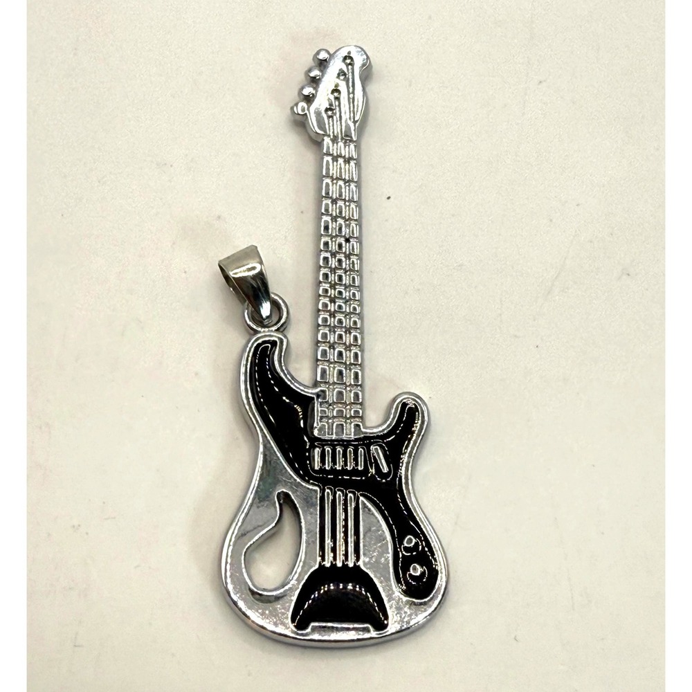 Silver Tone Electric Guitar Pendant‎ – Black Enamel Rock Music Charm Pendant